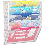 GDINDINFAN 5 Pockets Hanging Wall File Organizer Mail Holder, Wall Mounted Paper Document Folder Holder, Clipboard Storage Organization Magazine Rack, Silver