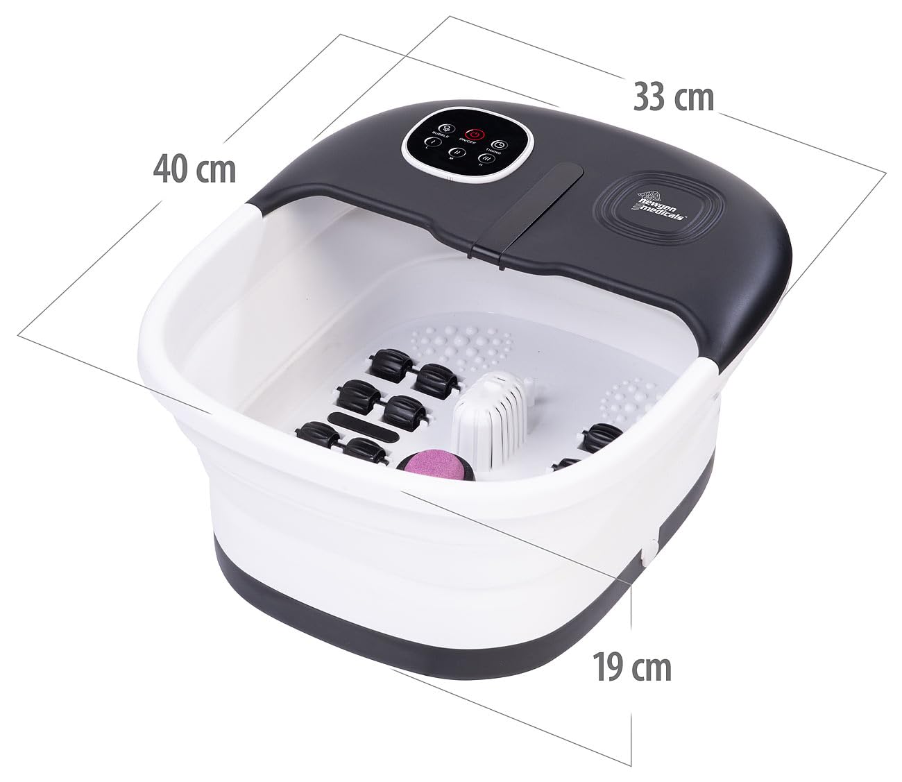 newgen medicals Pediluvio Pieghevole con Massaggio a Bolle d'Aria, 16 Rulli, 3 Livelli di Temperatura, Telecomando, 500 W, Bianco/Grigio Scuro
