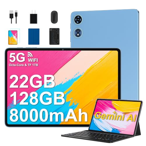 Image of Android Tablet 10 Inch 22GB RAM 128GB ROM 1TB, Android 14 Tablet with Keyboard Mouse, Octa-Core, 8000mAh Battery, HD IPS Display, 5G WiFi, BT 5.0, GPS, Widevine L1, Split Screen - Metal Blue