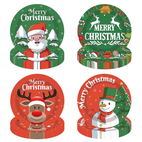 Joyesplay Lot de 60 assiettes à biscuits de Noël en carton - Décoration de Noël, sapin de Noël, bonhomme de neige, renne, maison en pain d'épice, vaisselle de fête (rouge + vert 1)