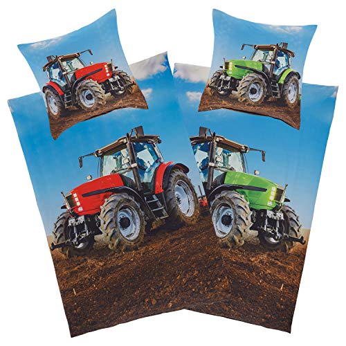 Kinderbettwäsche 135x200 Traktor-Trecker-Motiv Baumwolle Junge Kinder-Wende-Bettwäsche-Set Traktoren-Motiv - Fotodruck rot & grün, YKK