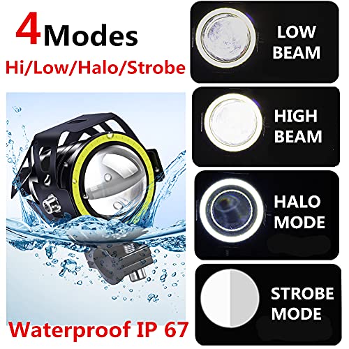 Motorcycle Lights Halo Ring Fog Spotlight Daytime Running Lights, White Central/Halo/Strobe Modes U7 Led Front Headlight Drl Auxiliary Driving Lights With Switch #TOP4