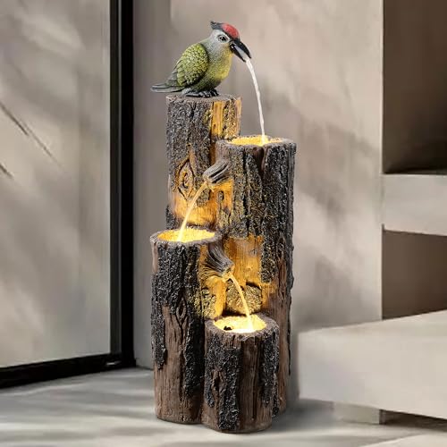 GOSSI Water Fountain Outdoor with Hummingbird, Cascading Waterfall Fountain, Rustic Log Design with LED Lights for Garden Decor