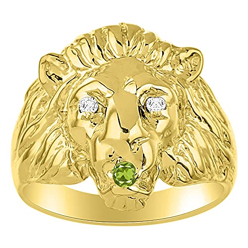 Image of Rylos Lion Head Ring Color Stones Eyes & Diamond Mouth - Fun Designer Rings in Sizes 8-13 in Yellow Gold Plated Silver
