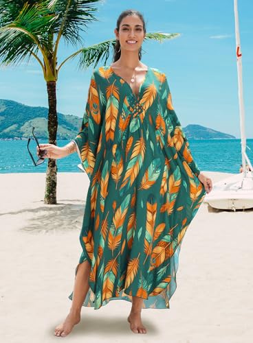Image of Yanziliu Kaftan Dress for Women,Plus Size Hawaiian Batwing Sleeve Beach Cover Up Summer Swimsuit Dresses