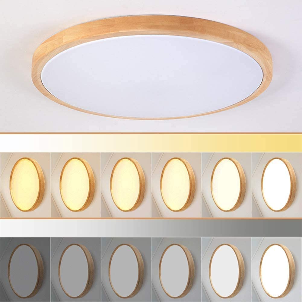 Plafón LED de madera Luz de techo redondo ultrafino de roble regulable con mando a distancia lámpara de dormitorio, sala de estar, IP44, Candelabro para baño, garaje, estudio, comedor, aplique, Ø50cm