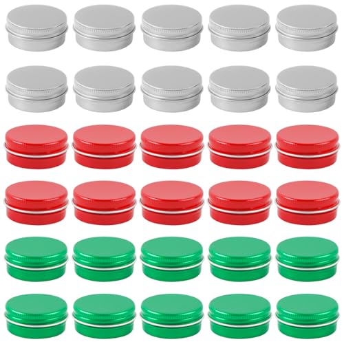 ASUNFO 30 Pcs 0.5 oz Aluminum Tin Cans Lip Balm Container Green Red Silver