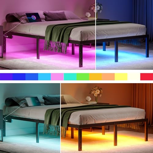 HAVONIZD Full Bed Frame with LED Lights & Charging Station - 18 Inch Heavy Duty Metal Platform Bed Frame No Box Spring Needed, Easy Assembly, No Noise - Thumbnail 3