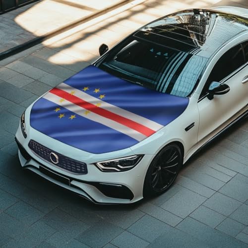 Image of Car Hood Cover Cape Verde Flag Print Car Hood Protector Waterproof Universal Automotive Exterior Accessories Patriotic Decorations for Compact Vehicles Sedans Trucks SUVs for Sports Events