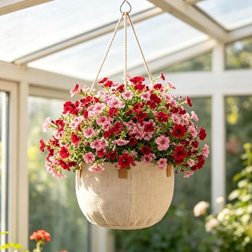 Petunias artificiales con estaca para exterior resistentes a los rayos UV en macetas de balcón 4