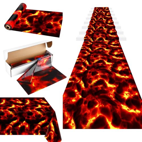Image of Kochorie Lava Tablecloth Roll with Cutter Box 100 Ft X 54 Inch Frame Volcano Table Cover Disposable Hot Lava Plastic Party Supplies for Volcano Dinosaur Theme Party Halloween Game Decorations