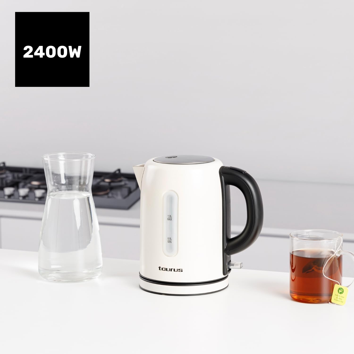 Taurus - Bollitore elettrico 2400W 1L | Bollitura rapida | Base 360° | Spegnimento automatico | Filtro estraibile | Senza BPA | Indicatore livello acqua | LED | Inox | Crema