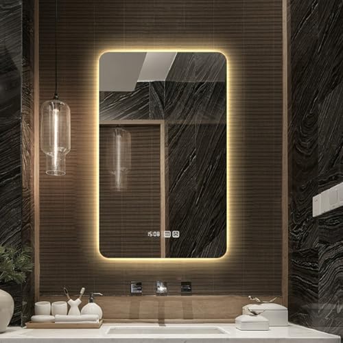 LEDバックライト付きバスルームミラー、調光機能付き、曇り止め機能付き、壁掛け式化粧鏡、時間と温度表示付き、スマートな長方形デザイン、3色照明、タッチコントロール