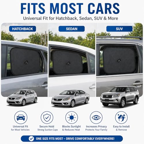 Image of AutokraftZ 𝗨𝗻𝗶𝘃𝗲𝗿𝘀𝗮𝗹 Car Window Sunshade (𝗣𝗔𝗖𝗞 𝗼𝗳 𝟰) - 𝗘𝘅𝘁𝗿𝗮 𝗗𝗮𝗿𝗸 Sun Protection for Heat Reduction Sun Shade with Suction Cups Car Glass Shield & Blinds