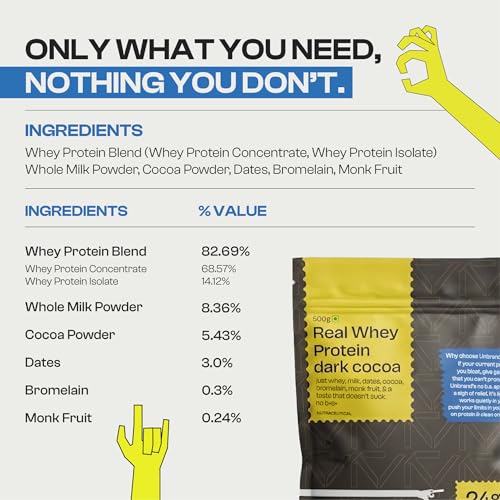 Image of Unbrand Real Whey Protein Powder | Dark Cocoa Flavor | 24 g Protein Per Scoop | Isolate & Concentrate Blend | Easy Digestion | No Preservatives | 500 gram