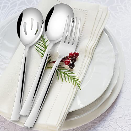 Square Serving Utensils Set Of 6, E-Far Stainless Steel 8.7 Inch Hostess Serving Set, Metal Serving Spoon Slotted Spoons Forks For Party Buffet Catering, Mirror Finished & Dishwasher Safe #TOP3