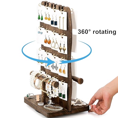 Yopay Rotating Earring Display Stand Wooden, Keychain Display Stand For Vendors, Two-Sided Bracelet Necklace Jewelry Organizer Spinning Holder For Selling, Retail thumb #3