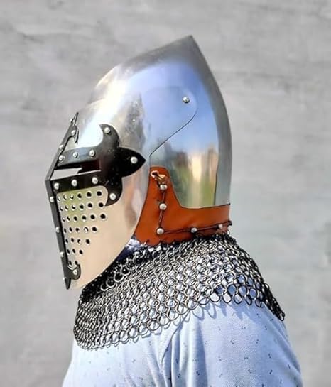 PARADOX INFINITY TOOLS Medieval Knight Helmet with Chainmail, 18 Gauge Steel, Silver Polish Finish, LARP Costume Armor
