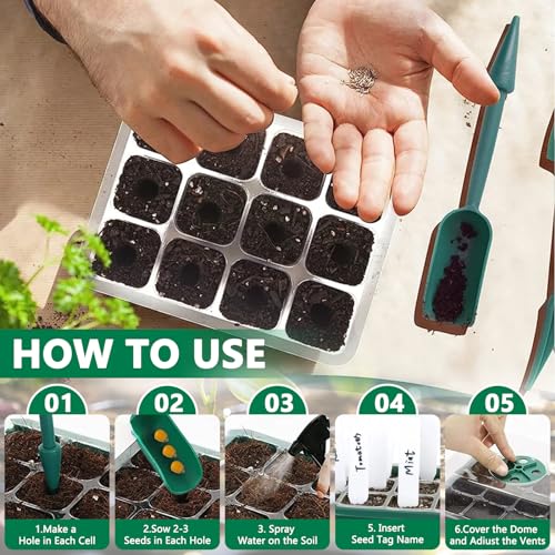 MOYKSRR Zimmergewächshaus Anzuchtkasten, 10 Stück 120 Zellen Mini Gewächshaus Anzucht Set mit 2 Gartengeräte, 3 Schaufeln, 20 Etikett, Anzuchtschale mit Deckel und Belüftung, Balkon Sämling Pflanze
