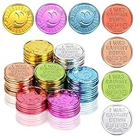 100 Pieces Smile Face Glod Coins, Colorful Plastic Reward Coins, for School Teacher Rewards and Behavior Incentives. Inscription Reading \u201CI was Caught Being Good\u201D on One Side