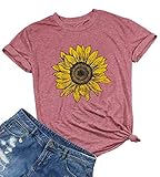 Women Short Sleeve Sunflower T-Shirt Cute Funny Graphic Tee Teen Girls Casual Shirt Tops (XL, Pink)