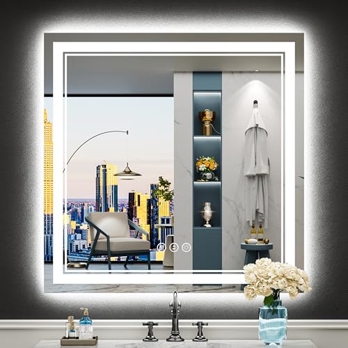 Image of 36x36 LED Bathroom Mirror with Lights, Backlit and Front Lit Anti-Fog Lighted Vanity Mirrors for Bathroom Wall, Dimmable, 3-Color Light, Memory, Shatter-Proof, HD Tempered Glass, CRI＞90