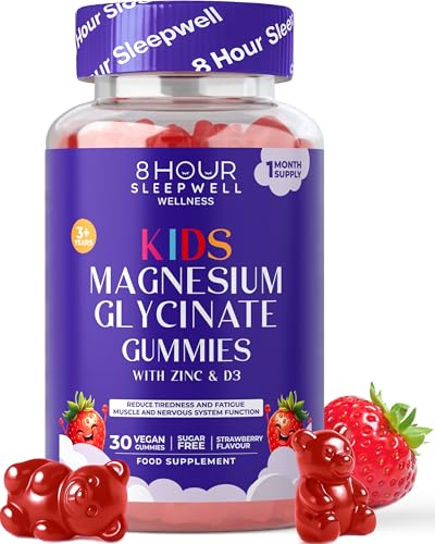 Kids Magnesium Glycinate Gummies 1 Month Supply | Sugar-Free Vegan & Chewable | 470mg Magnesium for Kids Providing 65mg to Support Calm Mind & Focus for Children Ages 3+ | Strawberry Flavour