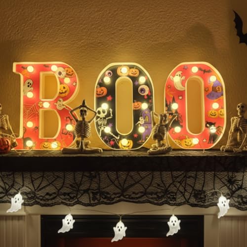 Image of Aurelema Halloween Boo Light up Sign Table Decorations, LED Boo Marquee Words Indoor Tabletop Centerpiece for Bedroom Kitchen Fireplace Party Supplies