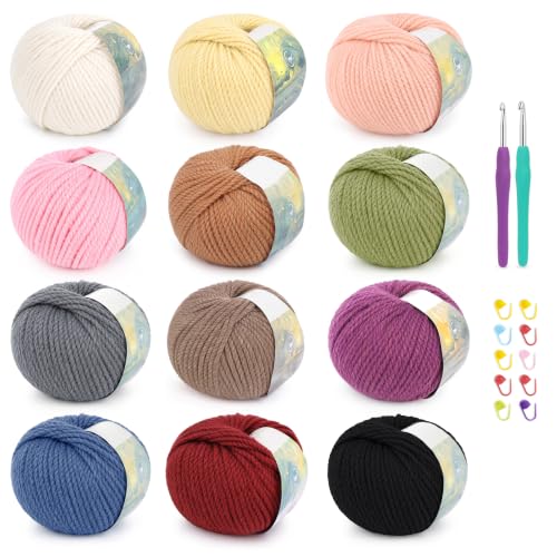 Image of Coopay 12 Skein Wool Yarn for Crocheting - #4 Worsted Weight Wool Yarn | Wool Yarn for Knitting, 60% Wool 40% Polyester -50g /1.76oz - 60 Yds Crochet Wool Blend Yarn for Clothes, Scarves, Blankets