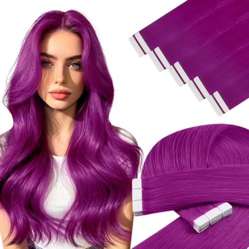 Image of YoungSee Human Hair Tape in Extensions Purple, 24 Inch Tape in Hair Extensions Human Hair, Soft and Shiny, Colored, Tape Extension Human Hair for Long Length