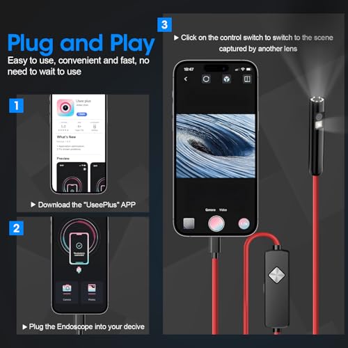 Image of Endoscope with Light, 1920P HD Borescope with 8 Adjustable LED Lights, 3FT Semi-Rigid Snake Camera, IP67 Waterproof Inspection Tool for iPhone & Android - Dual Lens