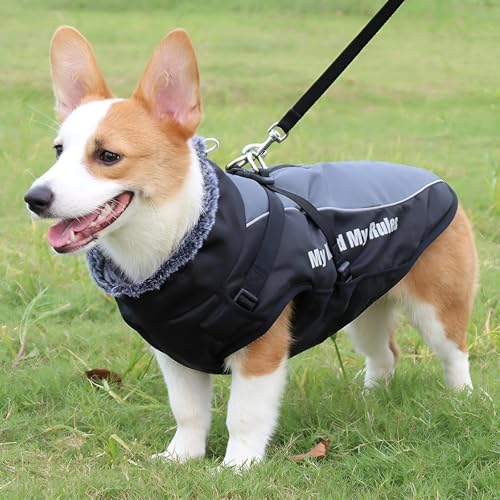 GIIPET 犬服 冬 トラクション一体型服 犬用防寒コート反射テープ付き 犬 防寒着 中大型犬 取り外し可能なリード 犬 冬服 暖か 袖なし 着脱簡単 コート スキースーツ 洋服 パーカー 寒さ対策 雪?策 防水 防風 防寒 ?外 お散歩