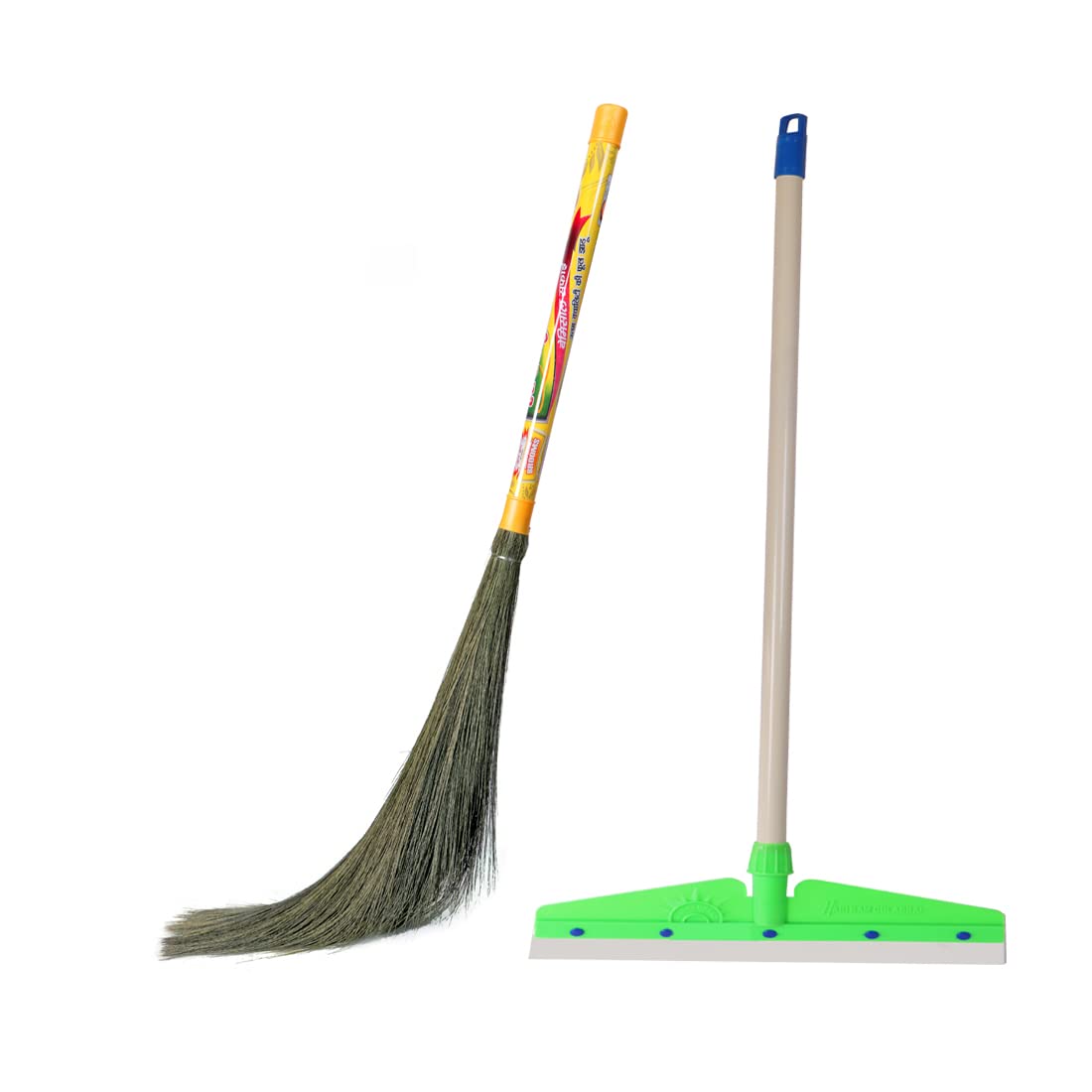 HARI RAM GULAB RAI Household Wiper Cleaning Squeegee + Phool Jhadu Combo | Plastic Floor Wiper with No Dust Grass Jhadu | Perfect for Kitchen, Balcony, Garage, Bathroom and Office (Yellow)