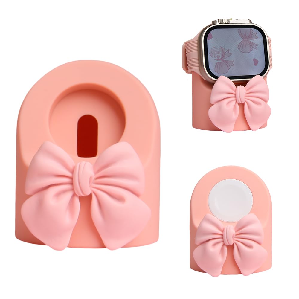 QLD COVER Charger Dock for Apple Watch Ultra/10/9/8/7/6/5/4/3/2/1/SE2/SE, iWatch Cute 3D Bow Tie Silicone Charging Desk Stand Holder, Pink Bow