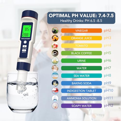 Image of Ph Tester Digital,Pool Salt Tester, Digital Salinity Meter and PH Tester for Pool Salt Water and Drinking Water, 5 in 1 Salinity PH Temp EC and TDS Meter for Swimming Pool Hot Tub Spas, High Accuracy