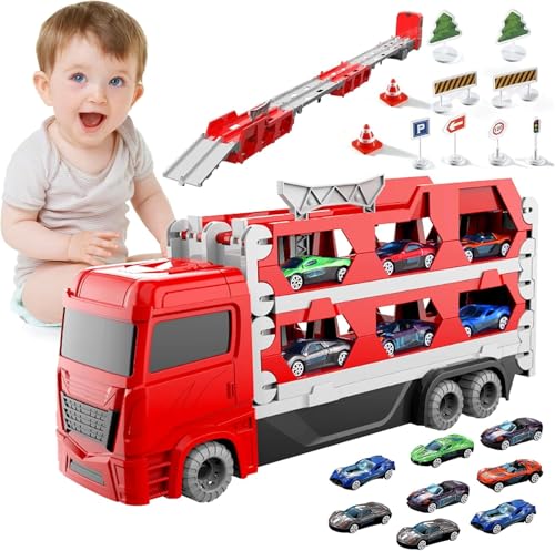 TEGOVE Camion Trasporto Giocattoli,Camion Giocattolo per Bambini,Auto Giocattolo Pista Portatile con 9 Auto da Corsa,Camion Pista Macchinine,Macchinine per Bambini dai 3 4 5 6 Ann