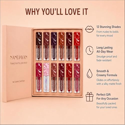Image of Nandiayan 12Pcs Velvet Matte Liquid Lipstick Set of 12 (30 ml), Waterproof Long Lasting Quick-drying Non-Stick Cup Light Lip Kit |Smudge-Proof Transfer-Proof Lipsticks For Women | Light shades