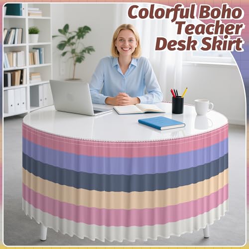 Image of 14FT Ruffle Boho Table Skirt Teacher Desk Skirt for Classroom Decor Rectangle Round Table Cloth Colorful Desk Cover for Back to School Decorations Birthday Party Supplies Home Office Bookcase Cabinet