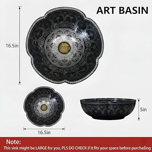 Image of BASSINO 16.5x16.5x5 Inches Designer Moroccan Ceramic Table Top Wash Basin /Matte Black Floral Art Bowl Sink for Bathroom /Handcrafted Flower Shape Countertop Washbasin for Office /Hotel(Matt)