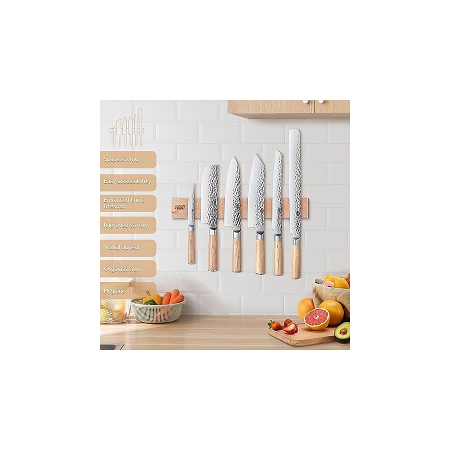 FINDKING 7PCS Kitchen Knife Set, with Wooden Magnetic Knife Holder, Elegant Japanese Chef Knives Set, Sharp Stainless Steel Blade, Pakka Wood Handle, for Daily Cooking (Michelia Series)