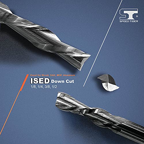 Speed Tiger Ised Carbide Spiral Router Bits Down Cut, 3/8” Diameter, 1” Cutting Length, 2- 1/2"Ovl For Wood/ Oak/Mdf/Aluminum -Made In Taiwan(5 Piece, 3/8") #TOP1