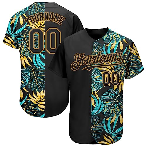 Customize Tropical Leaves Baseball Shirt for Men Youth Teens, Personalized Hawaiian Sport Shirts with Stitched Old Gold Text, Colorful Black Green Yellow Hawaii Beach Shirts for Team Family Group