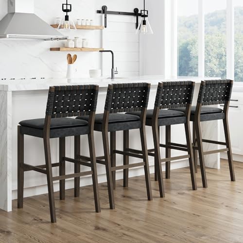 Image of Nathan James Cohen Mid-Century Modern 29 in. Wood Bar Stool, Upholstered Faux Suede Bar Height Stool with Solid Wood Frame, Black, Set of 4