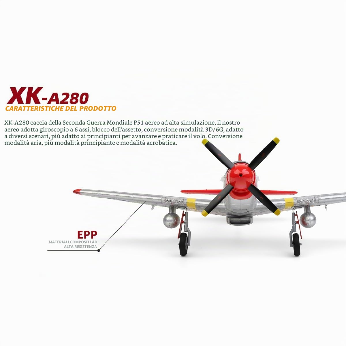 Aereo telecomandato per adulti, XK A280 P-51 3D/6G 2.4G 4CH Brushless 560 mm apertura alare EPP Ala fissa RC modello con sgancio rapido, aereo RC per adulti Beg (RTF)