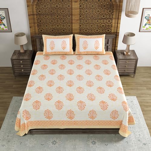 Image of BLOCKS OF INDIA Hand Block Printed 200 TC Cotton King Size Bedsheet (Orange Pot)
