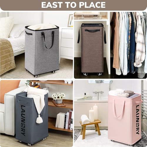 Image of Goodpick Laundry Basket with Wheels, 75L Collapsible Laundry Baskets with Removable Wash Bag, Clothes Laundry Hamper on Wheels, Light Brown