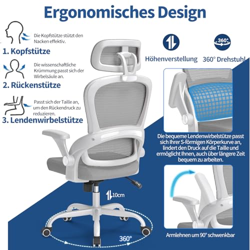 Image of TRALT Ergonomic Office Chair, Desk Chair with Adjustable Headrest, Height-Adjustable Office Chair, Office Chair, Ergonomic Desk Chair, Gaming Chair, 150 kg for Long Time, Grey