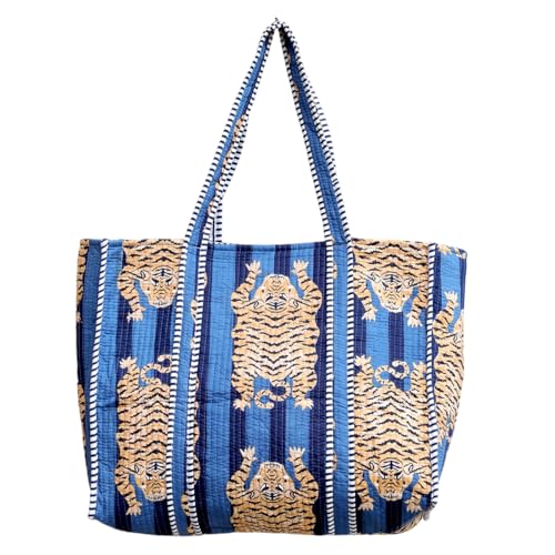 Image of YILLE Cotton Quilted Floral & Tiger Print Tote Bag, 18 x 18 inches For Grocery Shopping, Travel