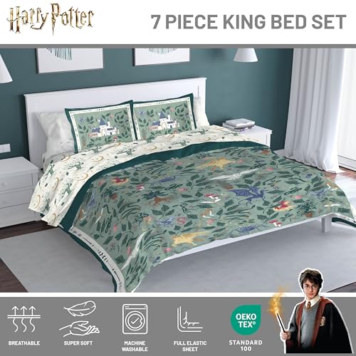 Image of Harry Potter King Comforter Set 7 Piece Soft Floral Bedding, Green | Hogwarts, Bed in a Bag, Comforter Sheets Shams Pillowcases, Official Product, Soft Microfiber, Machine Washable, Easy Care