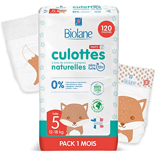 BIOLANE - Pañales para bragas - Talla 5 (12-18 kg) - Sin fugas durante 12 h - Pack 1 mes - 120 pañales - Eco-responsable - Fabricado en Francia
